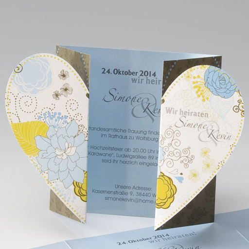 Hochzeitskarte ba722054 Herz-Formstanzung retro Blumenmotive