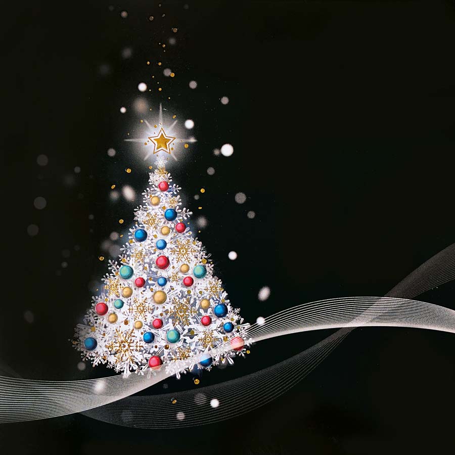 Schwarze Weihnachtskarte mit buntem Weihnachtsbaum und Goldfolienprägung