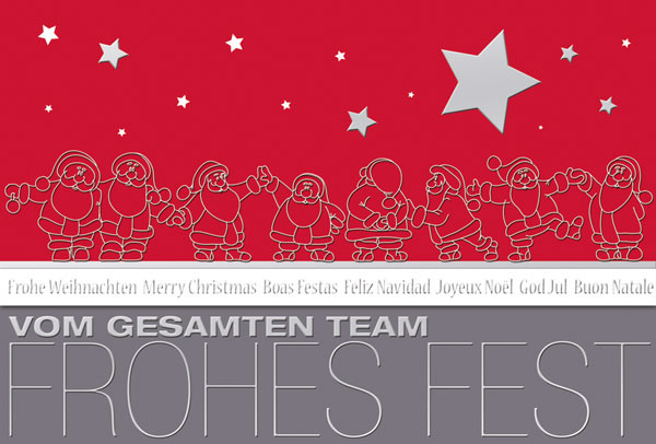 Weihnachtskarte Teamkarte Frohes Fest mit Weihnachtsmännern