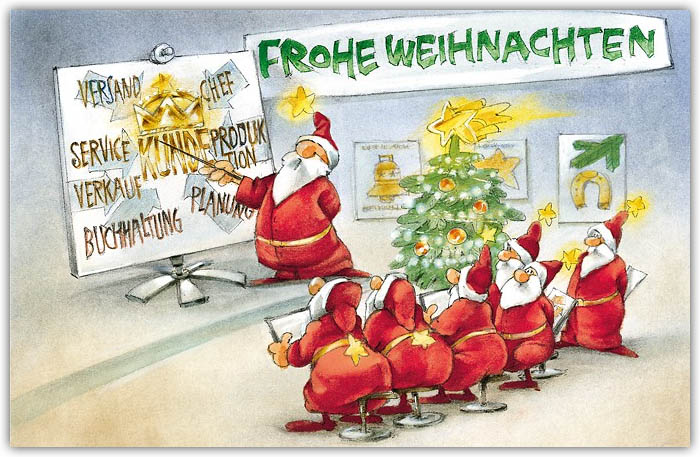 Humorvolle Weihnachtsgrußkarte als Branchenkarte mit Weihnachtsgruß und Baum
