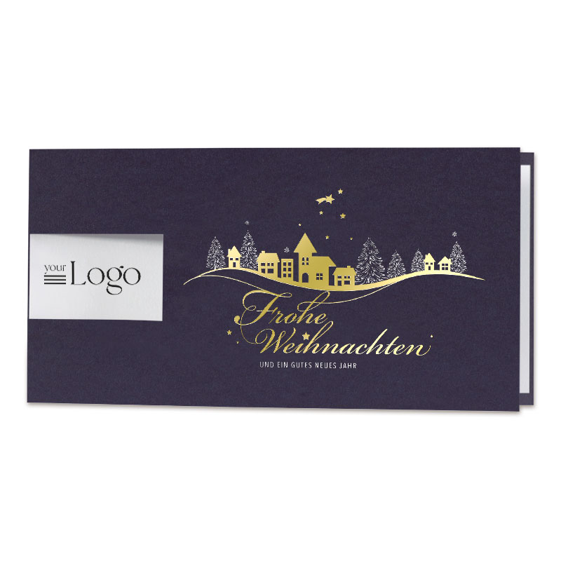 Blaue Firmen-Weihnachtskarte mit Logo-Fensterstanzung DIN lang und Häuserzeile in edler Folienprägung