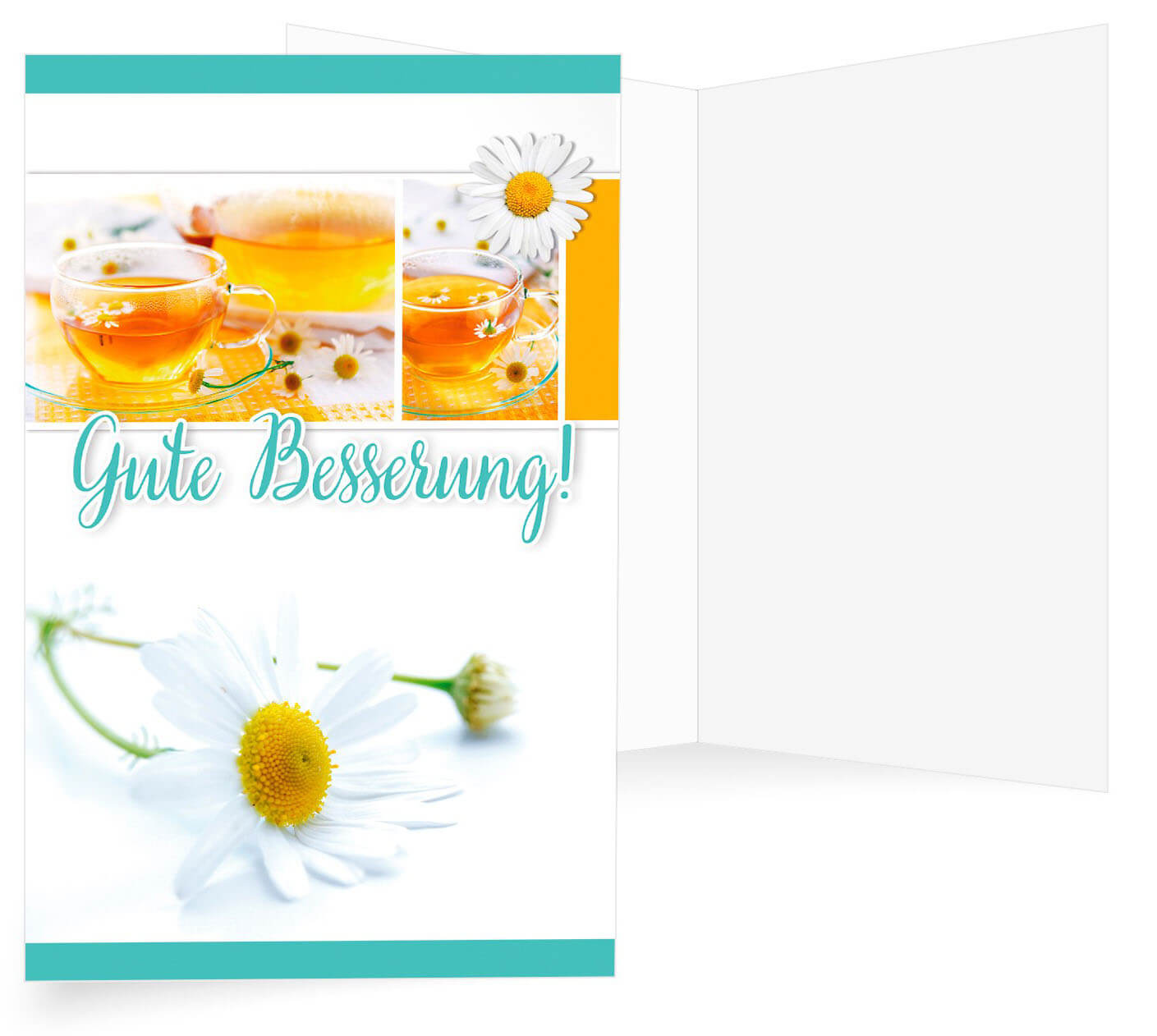Genesungskarte Aufmunterung "Gute Besserung" mit Kamillenblüten und Tee