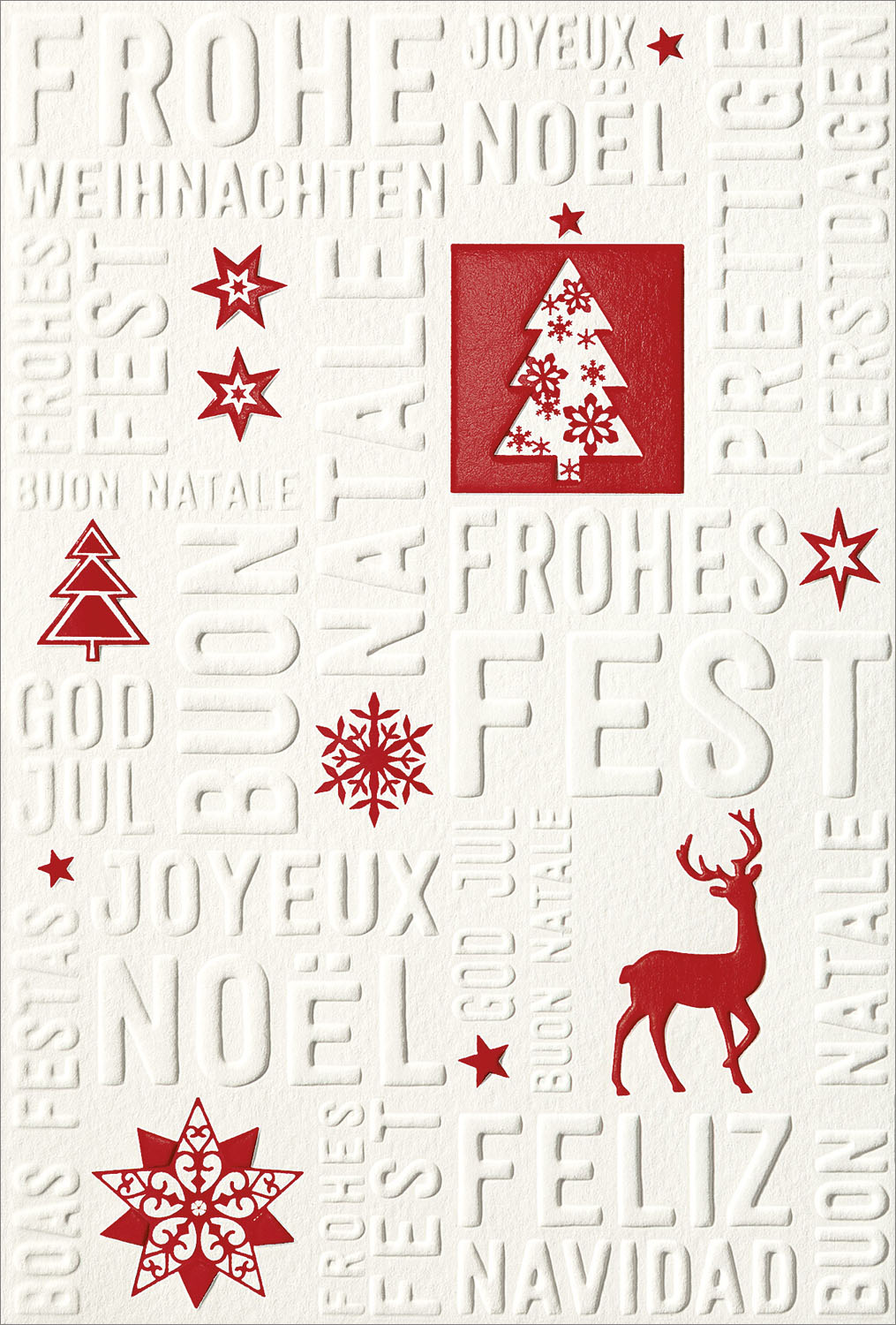 Weihnachtskarte creme mit roten Motiven und internationalen Grüßen als Relieftext