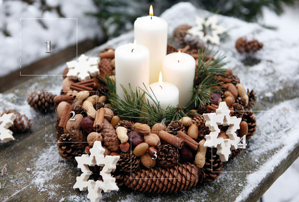 Weihnachtskarte mit Spendenanteil - Adventskarte mit vier Türchen und Adventskranz