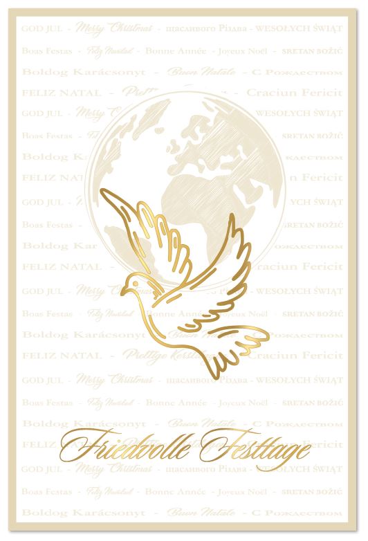 Friedens-Weihnachtskarte "Peace on Earth" in Perlmutt-Metallic mit internationalen Grüßen und Friedenstaube