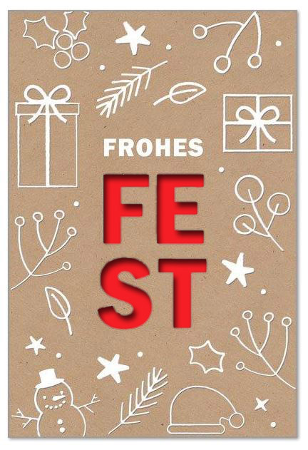 Gestanzter Festgruß mit weiß geprägten Winter-Doodles und Spende zugunsten dem Deutschen Kinderhilfswerk e.V., Einleger rot
