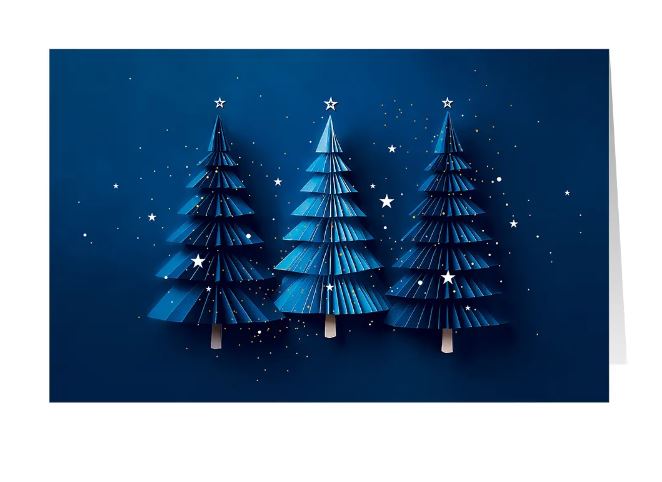 Weihnachtskarte "Blaue Magie" mit Tannenbäumen und Sternen, ohne Weihnachtsgruß auf der Vorderseite