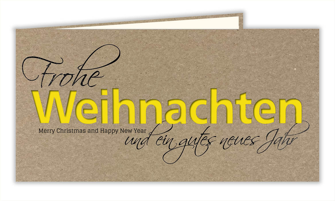 Naturbraune Weihnachtskarte mit Ausstanzung "Weihnachten" und gelb-/weißem Einlegeblatt