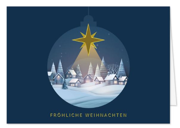 Stimmungsvolle Spenden-Weihnachtskarte in blau mit winterlichem Dorf und Gutem Zweck: Kinderkrebs-Stiftung