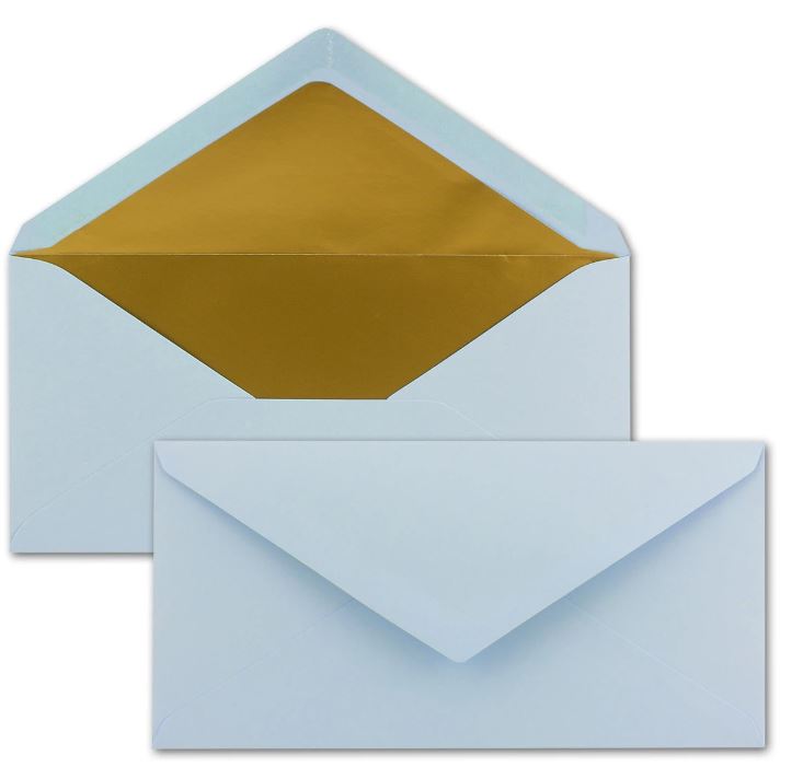 Briefumschlag DIN lang hellblau mit Gold-Metallic-Innenfutter, nassklebend, 22x11 cm 