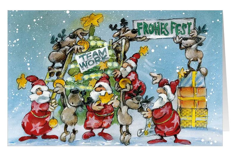 Team-Weihnachtskarte für Firmen "Zusammen stark" mit Weihnachtsmännern und Rentieren sowie dem Gruß "Frohes Fest"