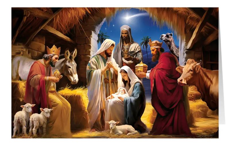 Christliche Weihnachtskarte "Die Anbetung" mit Maria, Josef, dem Jesuskind und den Heiligen Drei Königen