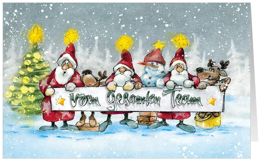 Humorvolle Weihnachtskarte "Winterfreunde" mit fröhlichen Wichteln, kleinen Rentieren und einem Schneemann