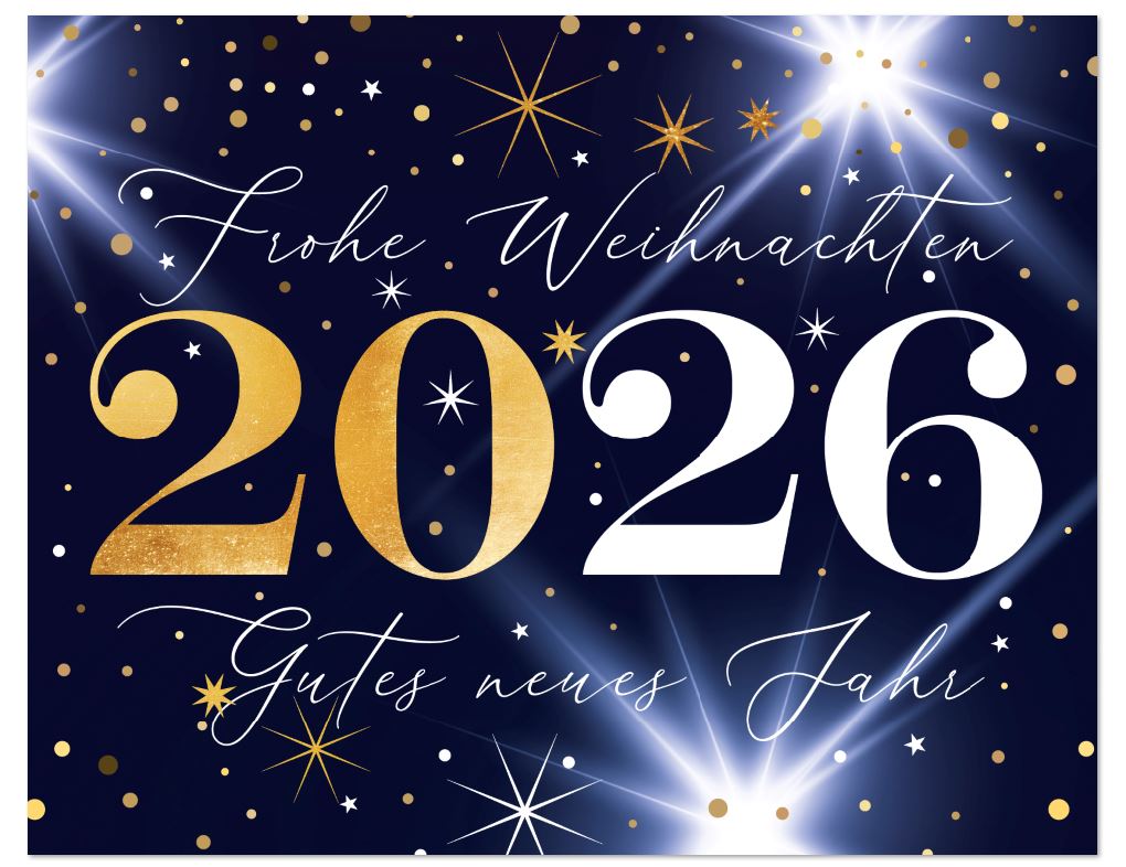 Elegante Spendenweihnachtskarte in blau mit Jahreszahl 2026 und Gruß zugunsten Make A Wish Deutschland gGmbH
