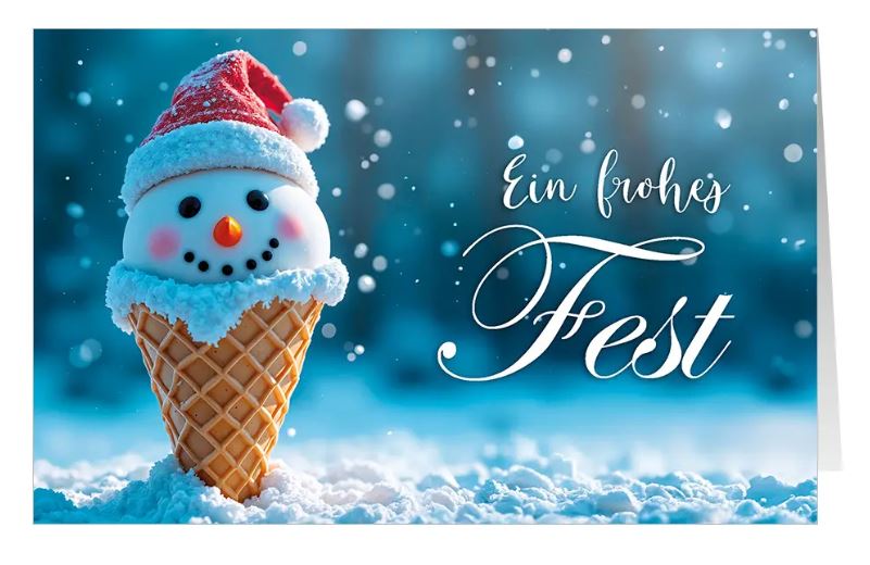 Humorvolle Weihnachtskarte "Schneemann-Eis" mit Weihnachtsgruß und freundlichem Schneemanngesicht in einer Eiswaffel
