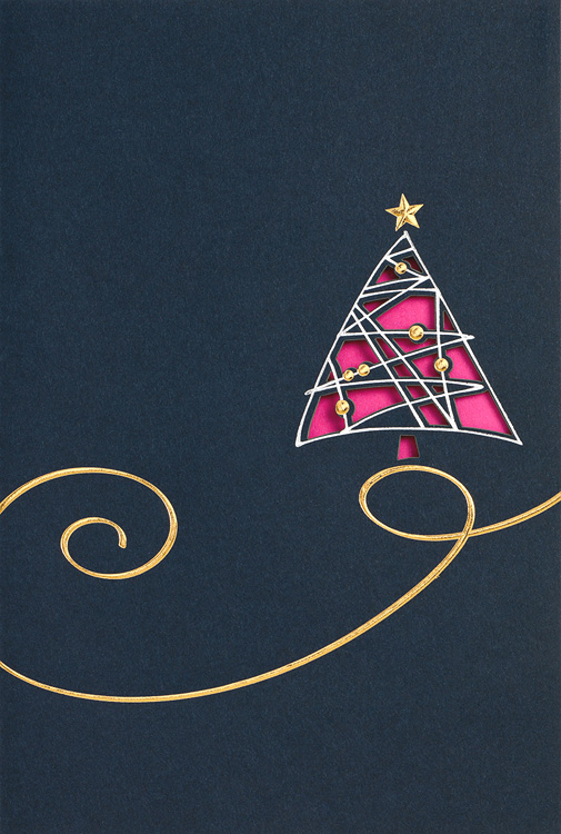 Weihnachtskarte nachtblau mit Weihnachtsbaum Einleger magenta
