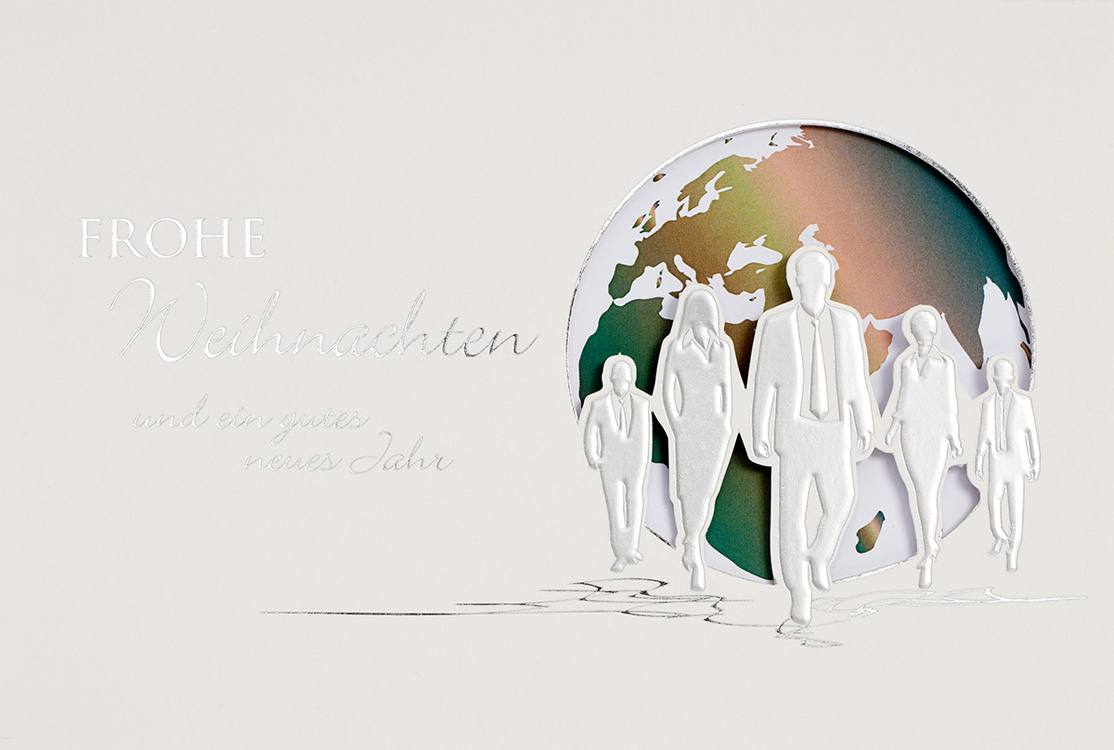 Weihnachtskarte creme mit Personengruppe und Weltkarte
