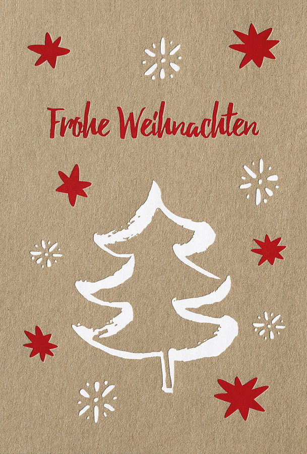 Weihnachtskarte braun mit Frohe Weihnachten, Sternen und Weihnachtsbaum