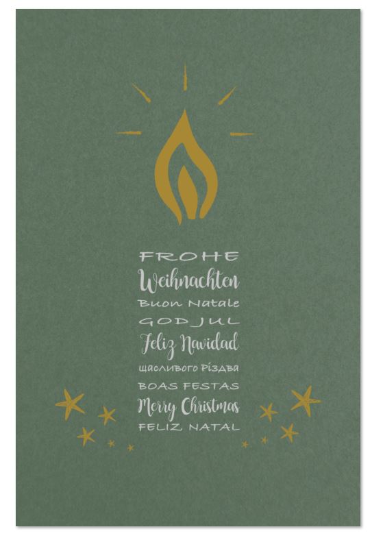 Internationale Weihnachtskarte "Kerzenschein" in grün mit Gold- und Silberfoliendruck inkl. Falteinleger innen