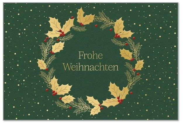 Traditionelle Weihnachtskarte in Grün "Edler Ilexkranz" mit Gold- und Rotfolienprägung, inkl. Einlegeblatt