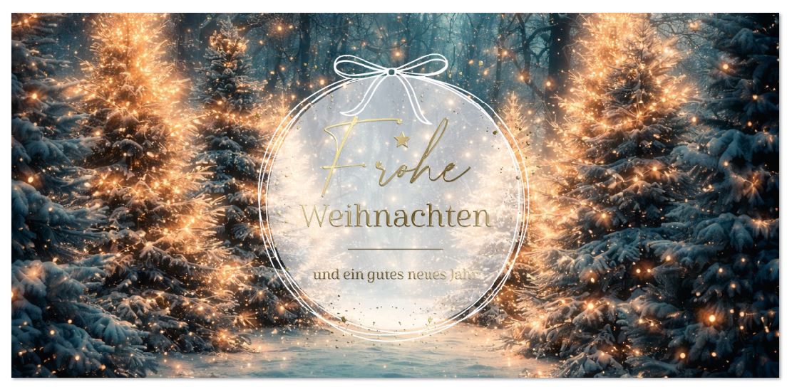 Winterliche Weihnachtskarte "Verschneiter Wintertraum" mit Goldfoliendruck des Weihnachtsgrußes, DIN lang