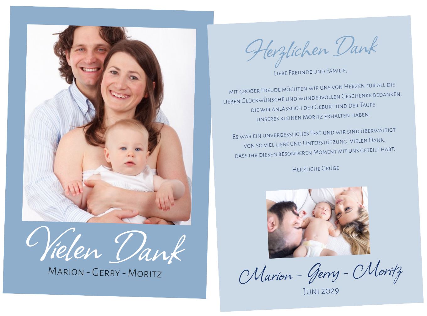 Danksagungskarte nach der Baby Geburt / Taufe Kind, mit eigenem Foto selbst gestalten.