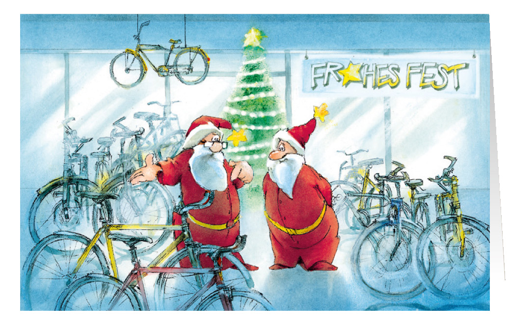Weihnachtskarte Branchenkarte Fahrradgeschäft Fahrradverleih Frohes Fest
