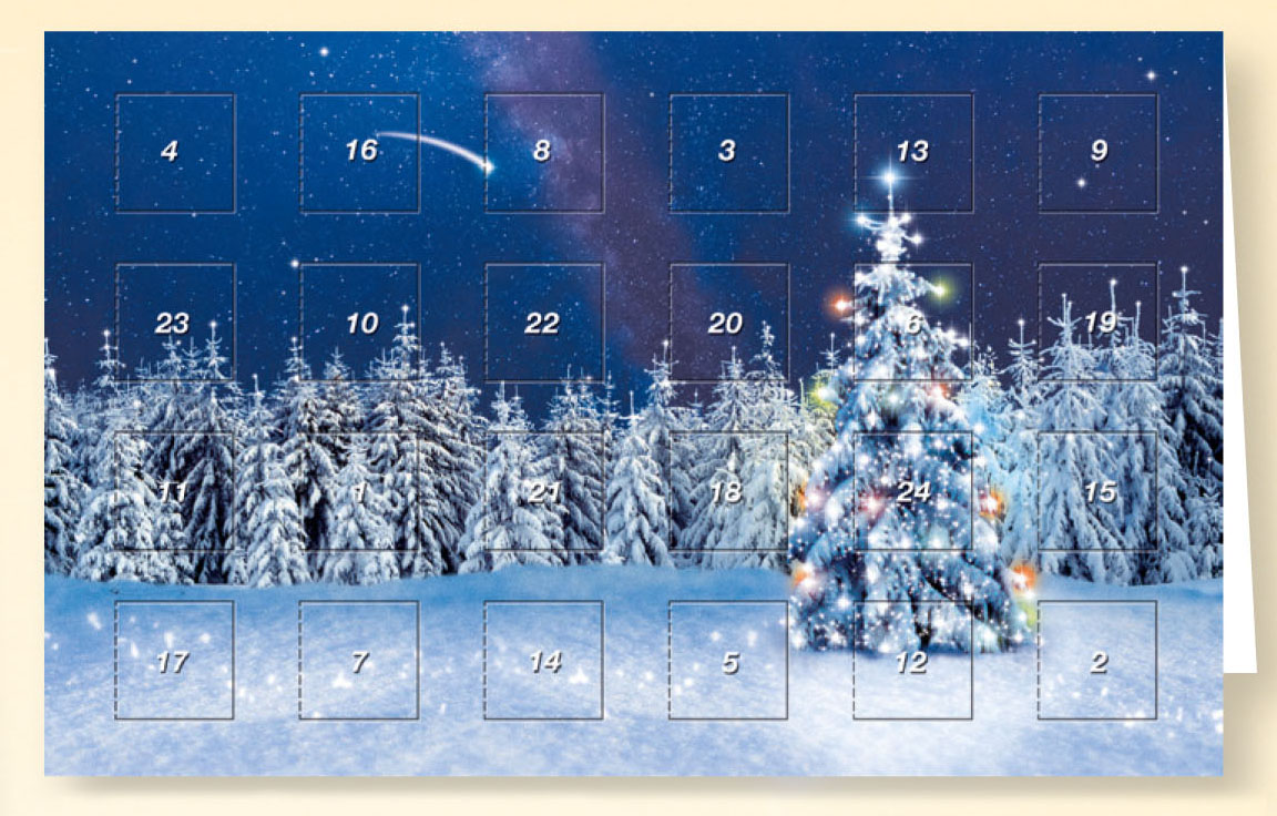 Adventskalenderkarte mit 24 Türchen Schneeglitzer Abendhimmel