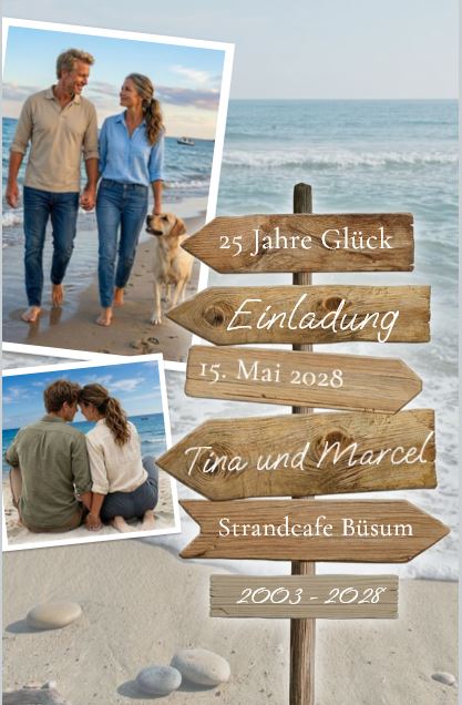 Maritime Einladungskarte zur Silberhochzeit "Meeresbriese" mit Schilderbaum, eigenen Bildern, Strand und Meer