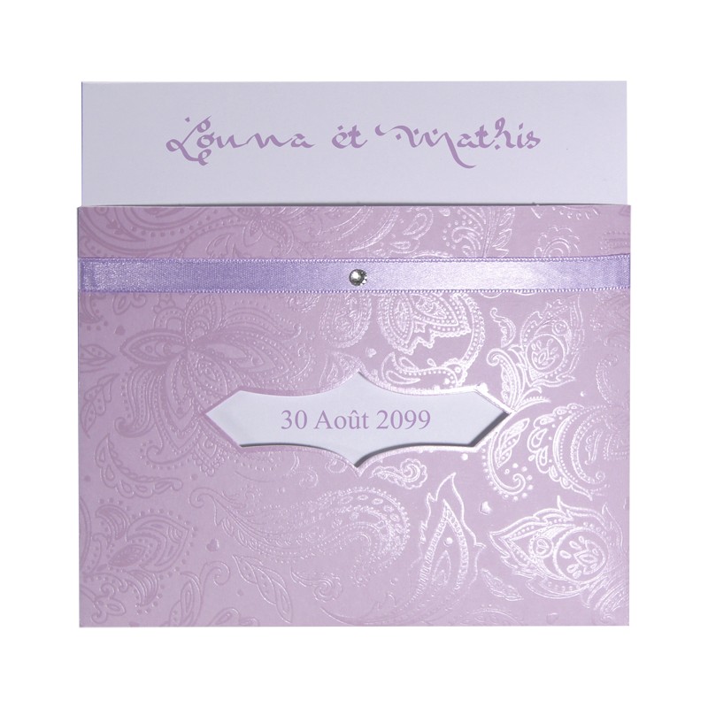 Orientalische Einladungskarte mit fliederfarbenem Pocket mit Band, Ornamentdruck, Fensterausschnitt