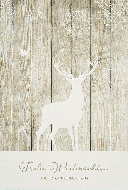 Weihnachtskarte Holz mit Rentier und Sternen Frohe Weihnachten
