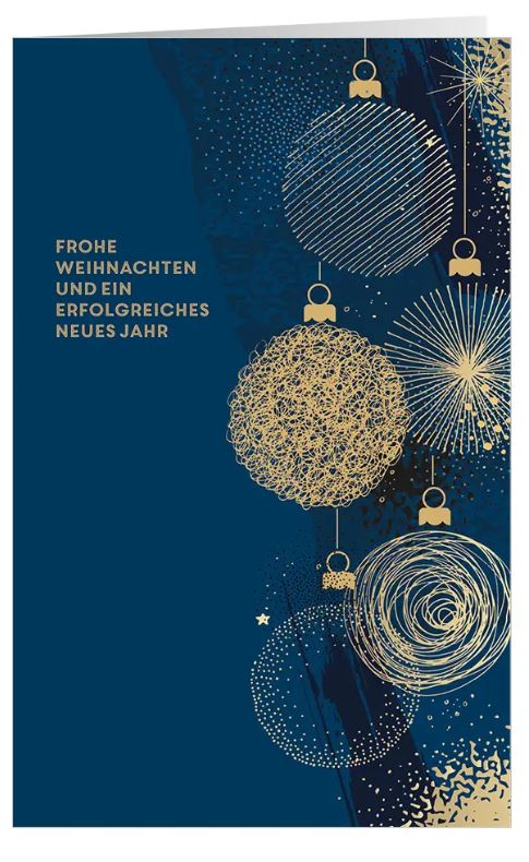 Elegante Firmenweihnachtskarte "Kugelglanz" mit hängenden Weihnachtskugeln und geschäftlichen Grüßen