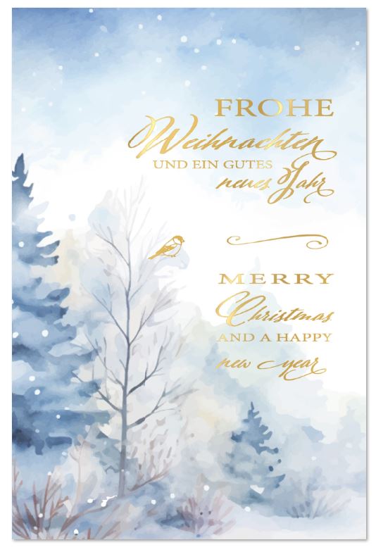 Stimmungsvolle Aquarell-Weihnachtskarte "Winterruhe" mit Weihnachtsgruß in Deutsch und Englisch in Goldprägung