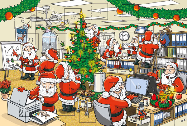 Adventskalenderkarte mit Weihnachtsmännern im Büro und Türchen zum Öffnen