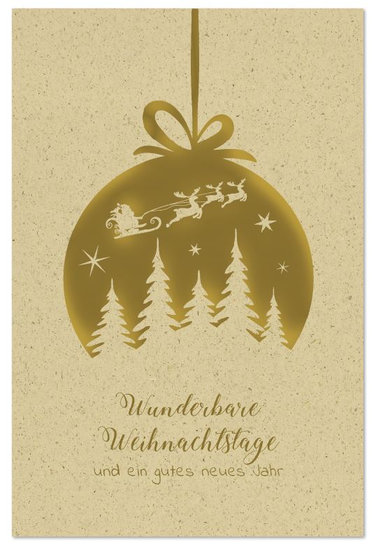 Rustikale Weihnachtskarte aus Naturkarton mit Goldfolienprägung und Falteinlegeblatt innen
