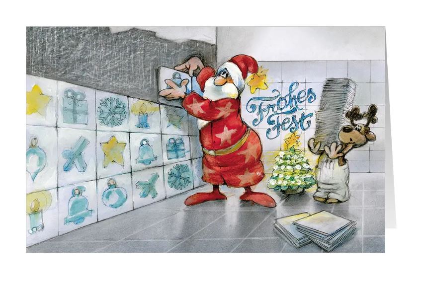 Weihnachtskarte "X-Mas auf Platte" für Fliesenleger, Fußbodenverleger, Fliesenhandel, Raumaustatter