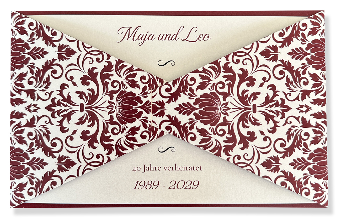 Einladungskarte im festlichen Design zur Rubinhochzeit - 40 Jahre in creme/rot metallic mit Ornamenten