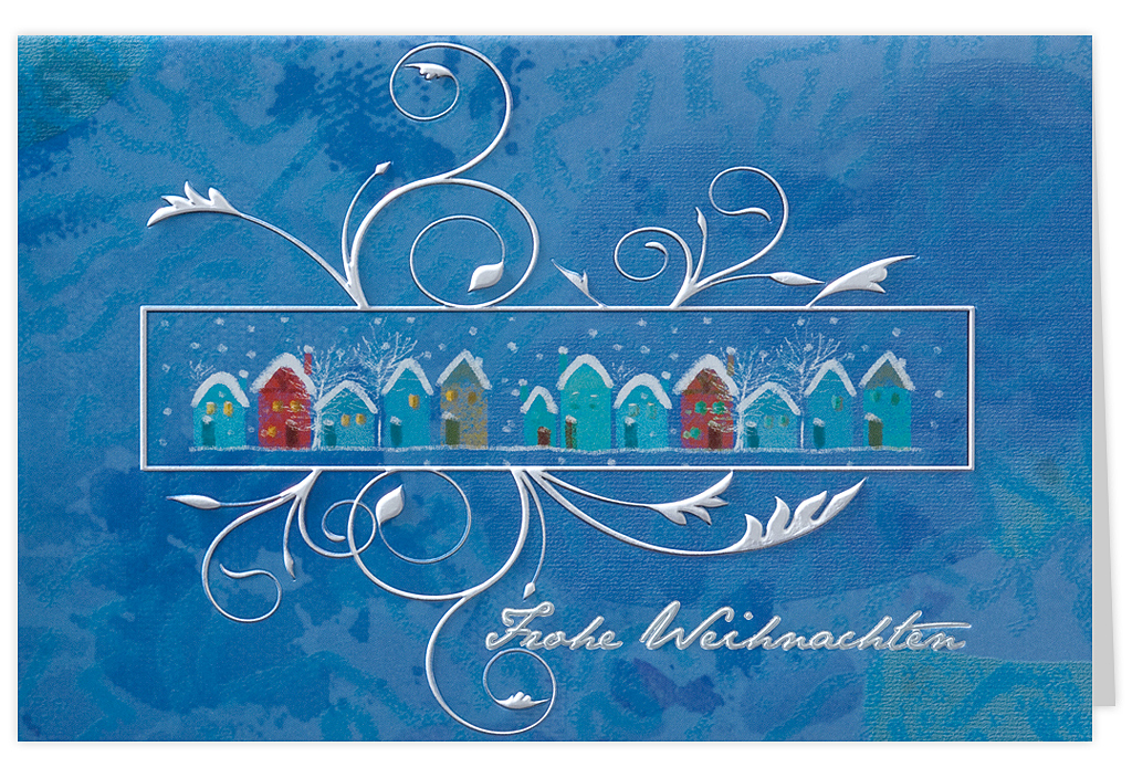 Weihnachtskarte Winterdörfchen blau mit Ornament Reliefprägung