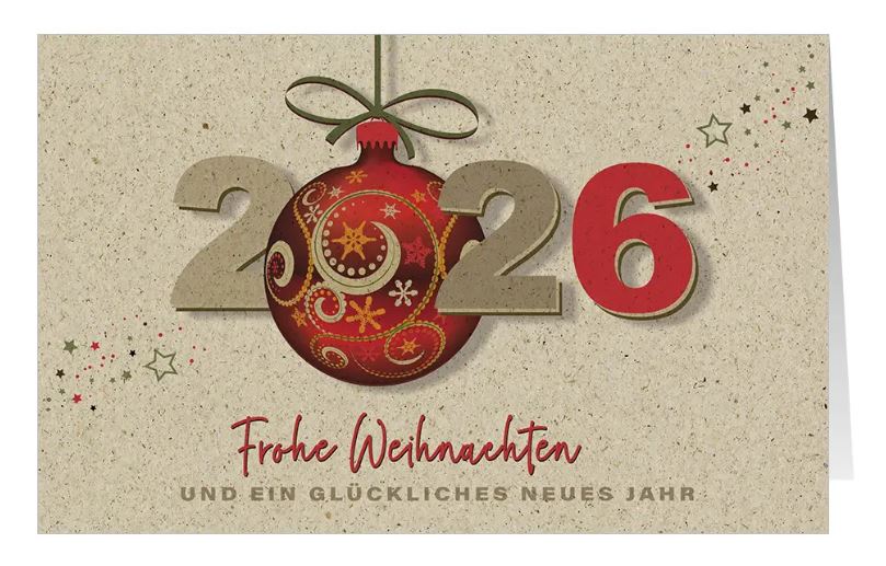 Umweltfreundliche Weihnachtskarte aus Graspapierkarton "Roter Kugelschmuck" mit Jahreszahl 2026 und Weihnachtskugel