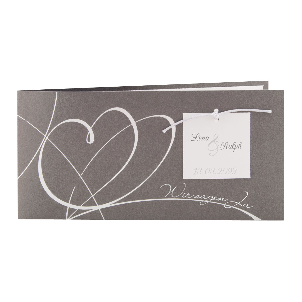 Hochzeitskarte anthrazit metallic mit Herz und Schriftzug: Wir sagen ja