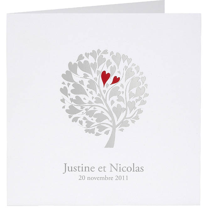 Hochzeitskarte bm101005 silber - rot Folienprägung Herzen-Baum