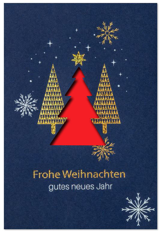 Stanz-Weihnachtskarte blau mit Weiß- und Goldfolienprägung, Motiv: Weihnachtsbäume, Eiskristalle und Gruß, Einleger rot