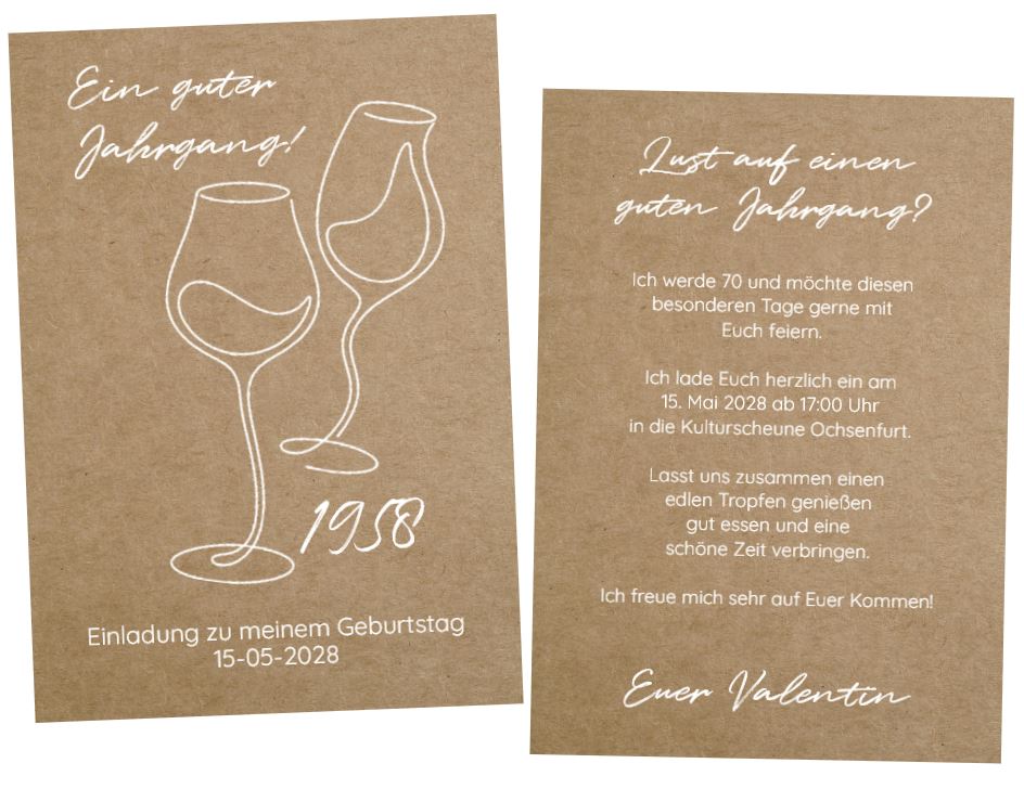 Geburtstagseinladung "Edler Jahrgang" zum 70. Geburtstag mit rustikalem Charme als beidseitig bedruckbare Einzelkarte