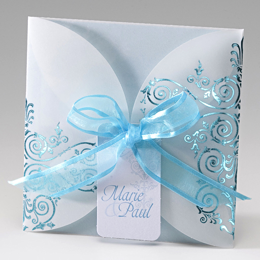 Einladungskarte weiß metallic azur Ornament Transparentpapier