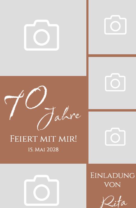 Fotokarte "Zeitreise" als Einladung zum 70. Geburtstag in Braun mit persönlicher Fotocollage und eigenem Text
