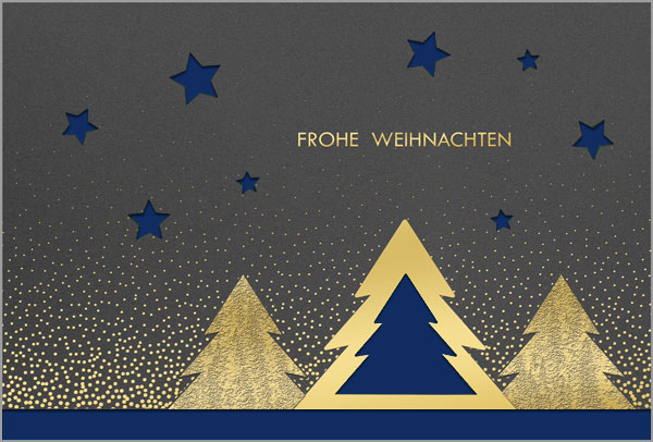 Stanz-Weihnachtskarte in grau mit Goldfoliendruck, Tannen und Sternen, Einleger dunkelblau
