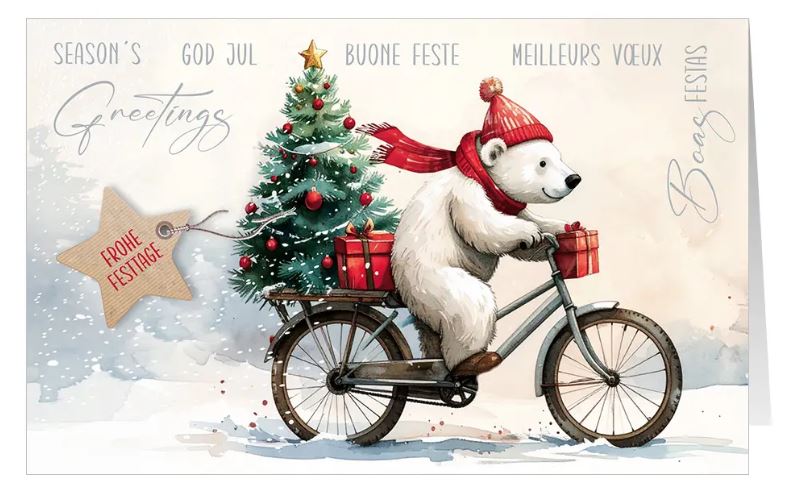 Humorvolle Weihnachtskarte "Bärige Weihnachten" mit niedlichem Eisbär auf einem Fahrrad und internationalen Grüßen