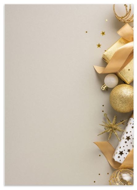 Klassisches Weihnachtsbriefblatt mit Kugeln, Sternen und Geschenken, ohne Gruß, DIN A4