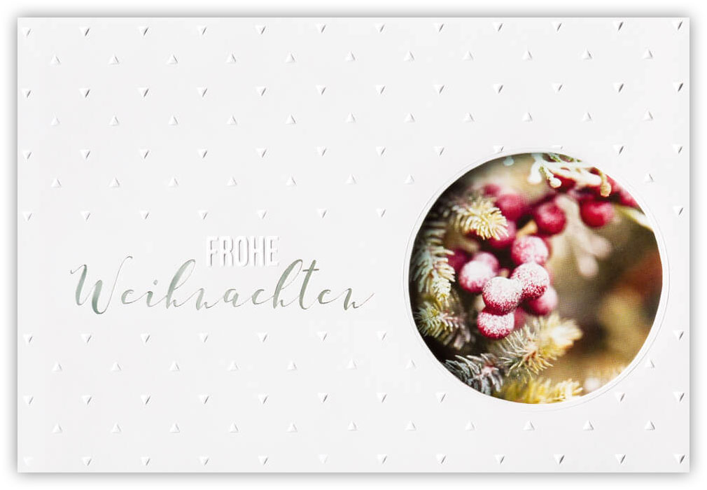 Weihnachtskarte weiß Frohe Weihnachten mit Fotomotiv in kreisrunder Stanzung