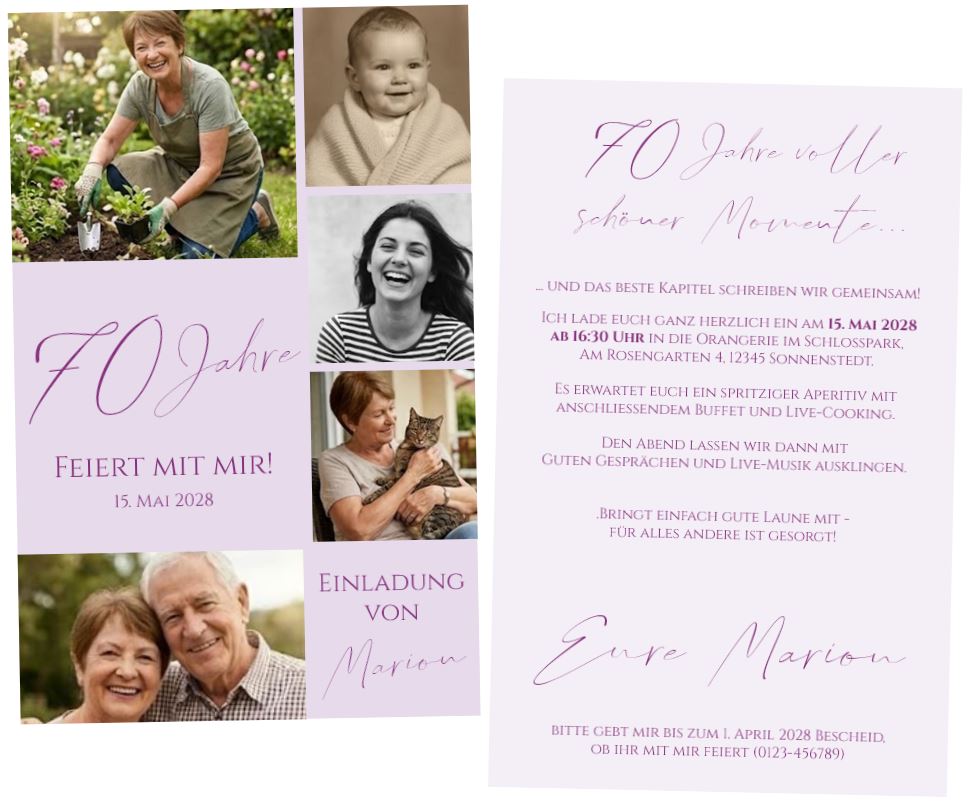Fotokarte "Lebenswege" als Einladung zum 70. Geburtstag im zarten Flieder-Look mit eigenen Bildern und Text